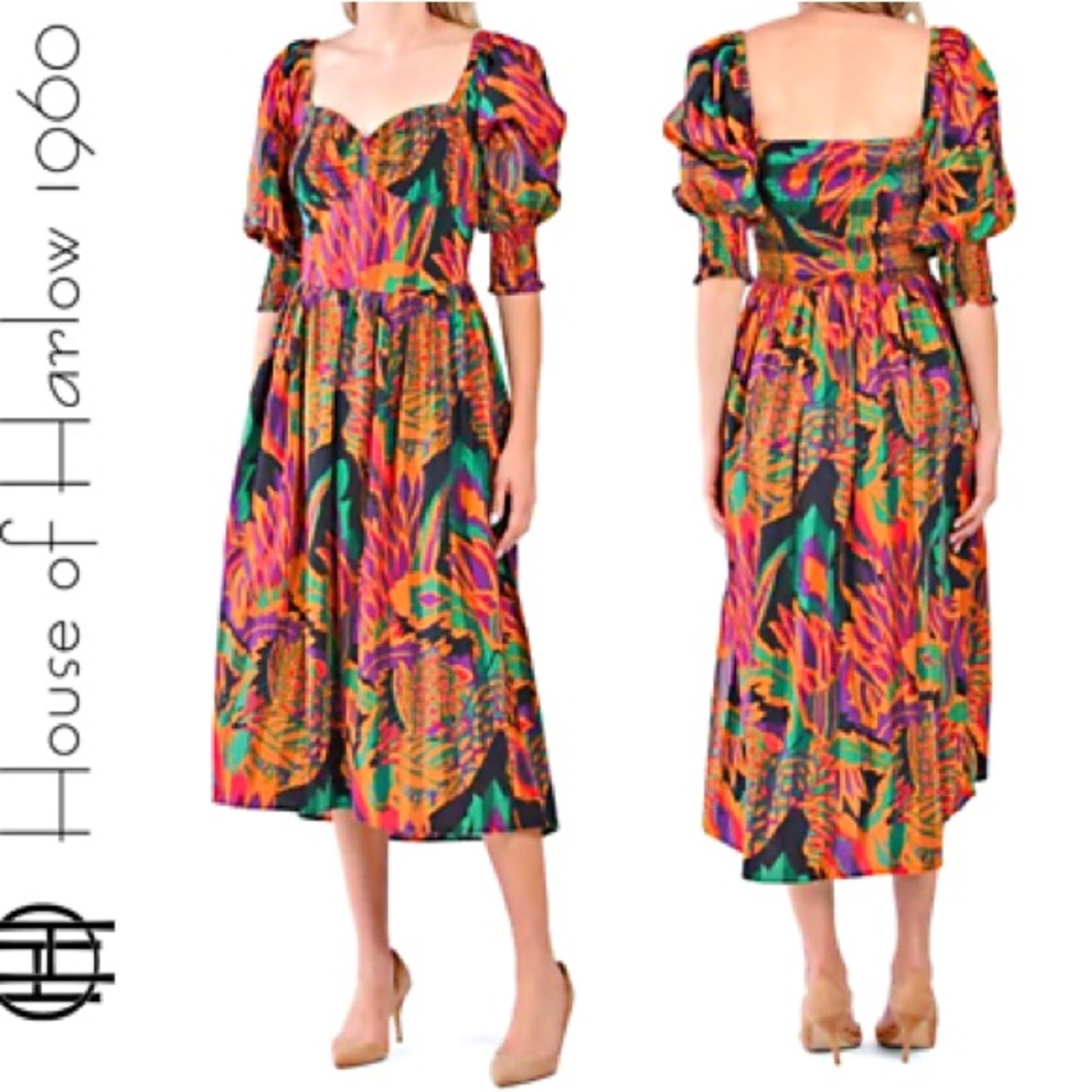 House of Harlow 1960 Orange Green Puff Sleeve Sundress